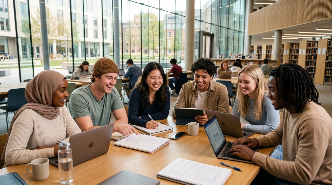 Diverse group of university students collaborating on full-time, online and distance learning